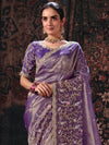 Violet Purple Embroidered Designer Tissue Silk Saree, pallu and blouse