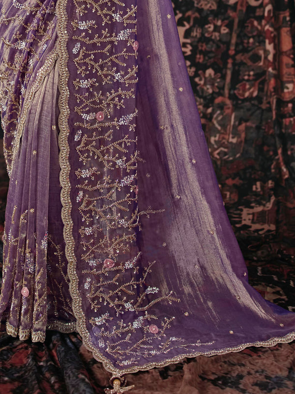 Violet Purple Embroidered Designer Tissue Silk Saree, border and drape