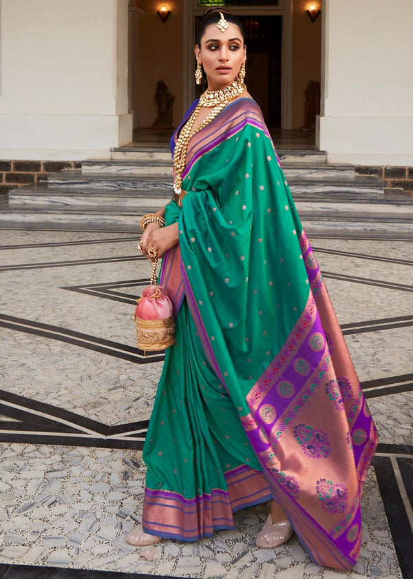 Viridian Green Paithani Soft Silk Saree