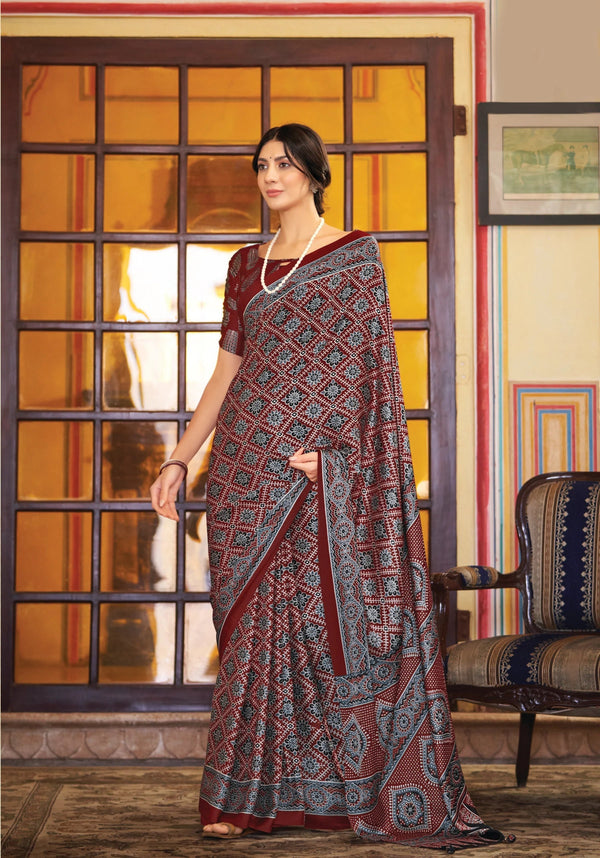 Vivid Brown Ajrakh Printed Satin Saree