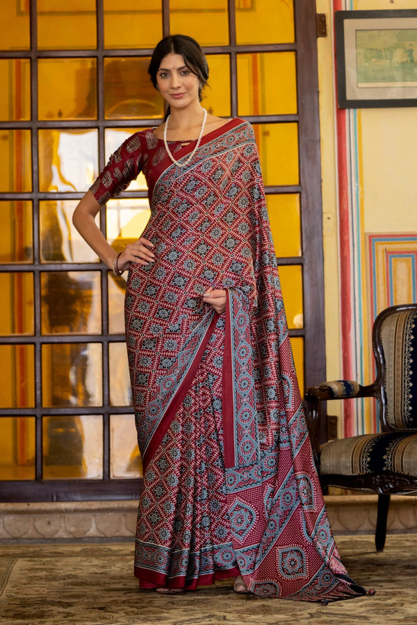 Vivid Brown Ajrakh Printed Satin Saree