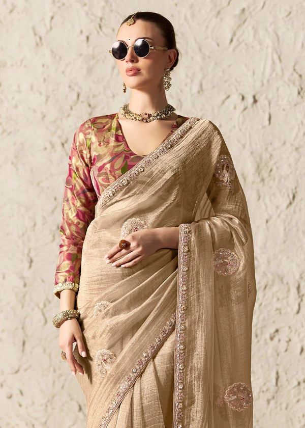Warm Beige Designer Organza Saree with Multicolor Contrast Blouse
