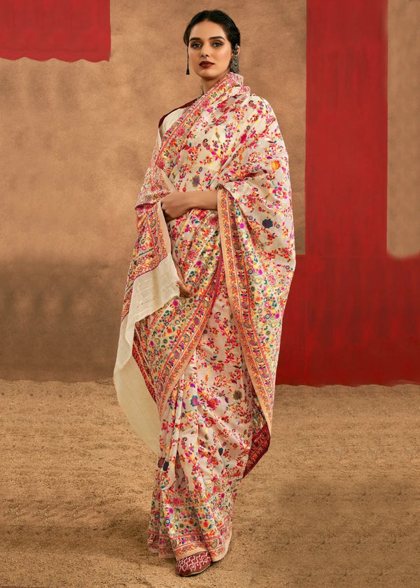 Warm Ivory Cream Kashmiri Chinar Cotton Pashmina Saree