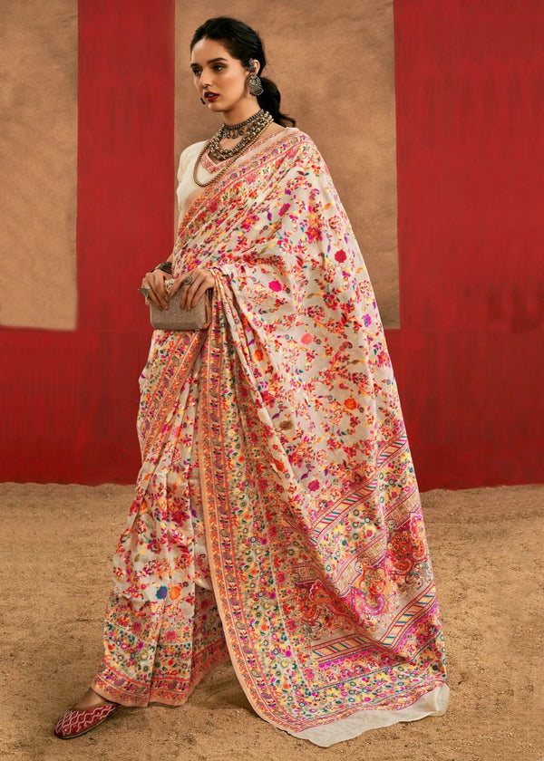 Warm Ivory Cream Kashmiri Chinar Cotton Pashmina Saree