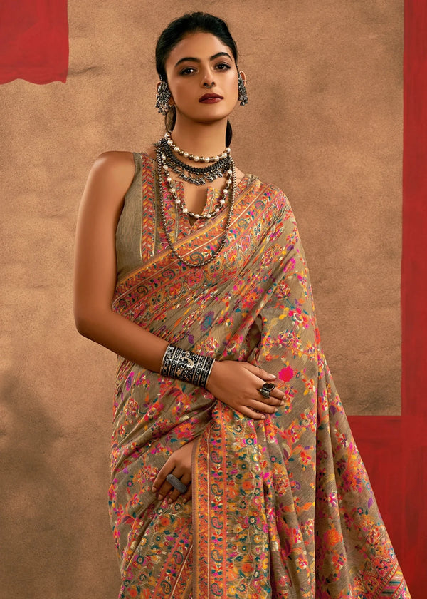 Warm Sand Beige Kashmiri Chinar Cotton Pashmina Saree