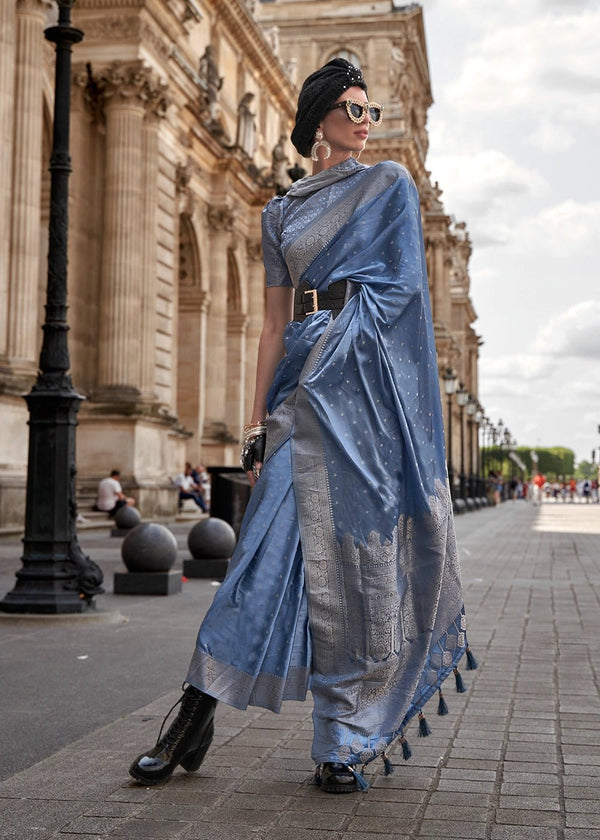 Weldon Blue Handloom Satin Silk Saree With Tassels