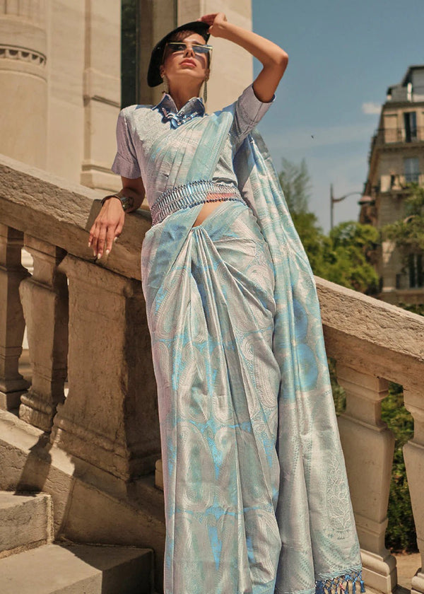 Weldon Blue Woven Pure Satin Handloom Weaving Silk Saree