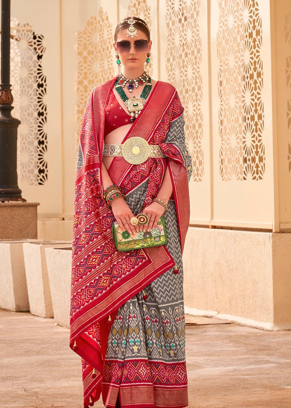 Wenge Grey And Wine Red Woven Printed Patola Silk Saree