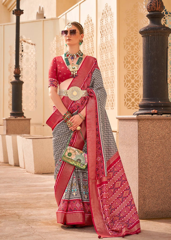 Wenge Grey And Wine Red Woven Printed Patola Silk Saree