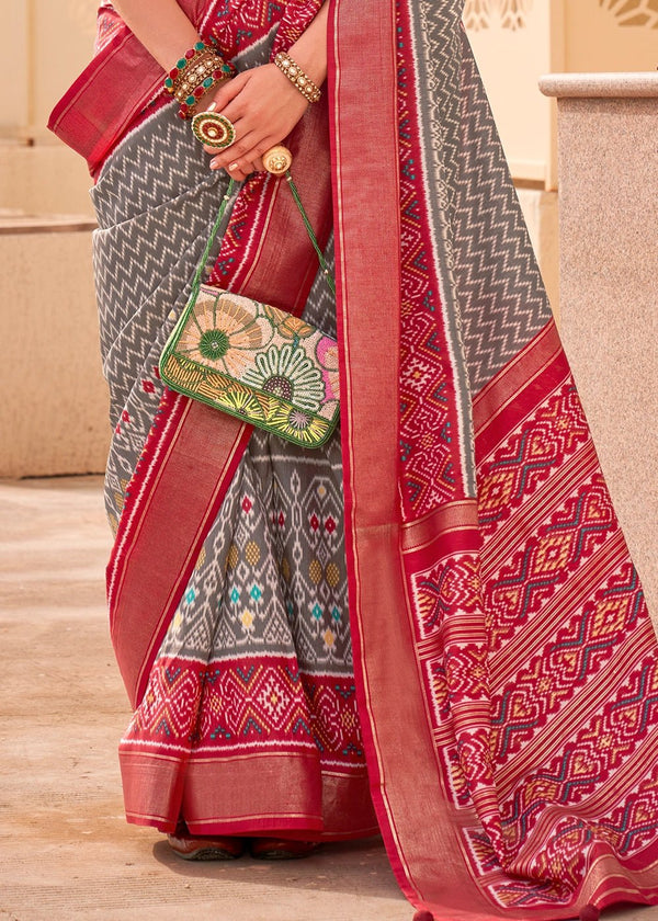 Wenge Grey And Wine Red Woven Printed Patola Silk Saree