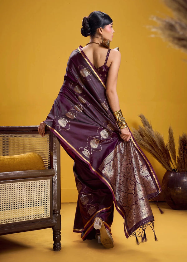 Wine Purple Banarasi Satin Silk Saree