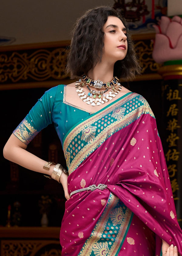 Wine Purple Banarasi Silk Saree With Contrast Blouse