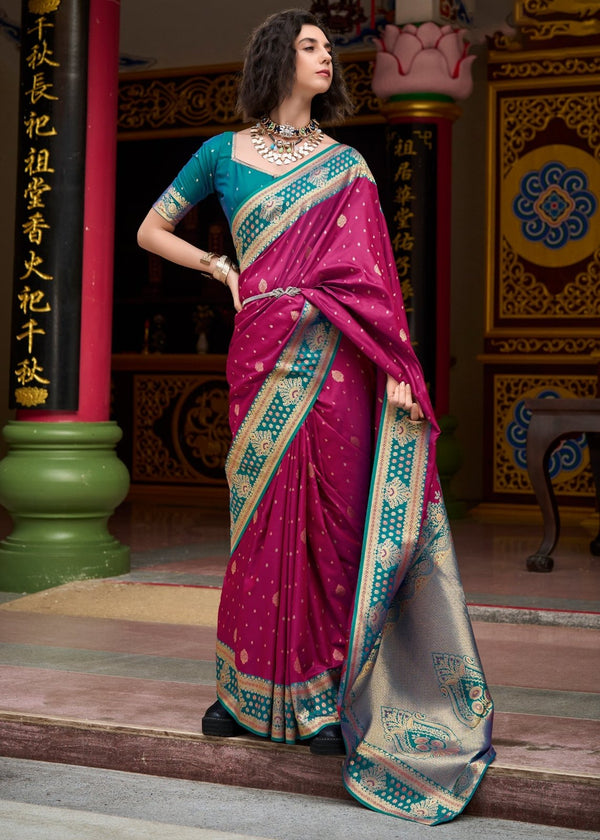 Wine Purple Banarasi Silk Saree With Contrast Blouse