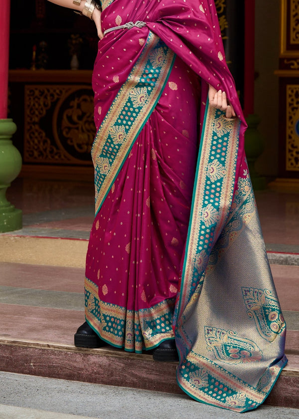 Wine Purple Banarasi Silk Saree With Contrast Blouse