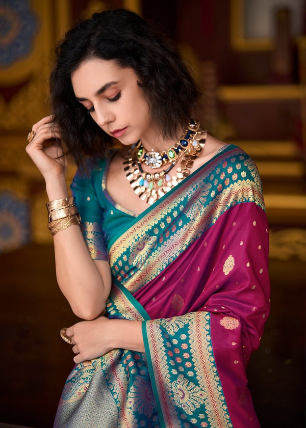 Wine Purple Banarasi Silk Saree With Contrast Blouse