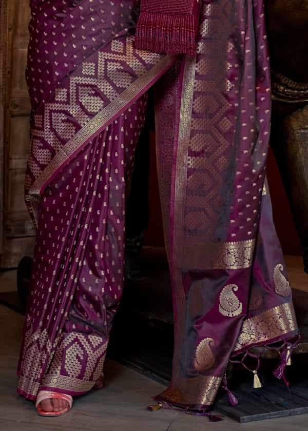 Wine Purple Banarasi Woven Satin Silk Saree