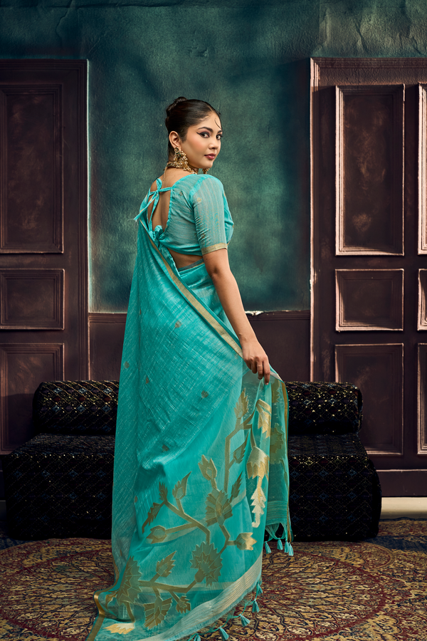 Aqua Blue Banarasi Cotton Silk Saree