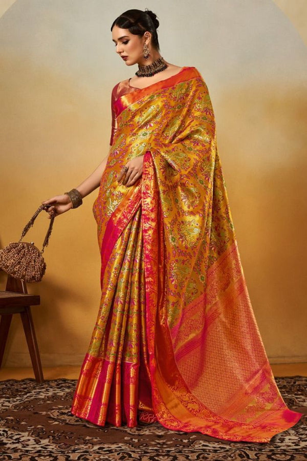Yellow and Pink Kanjivaram Silk Saree