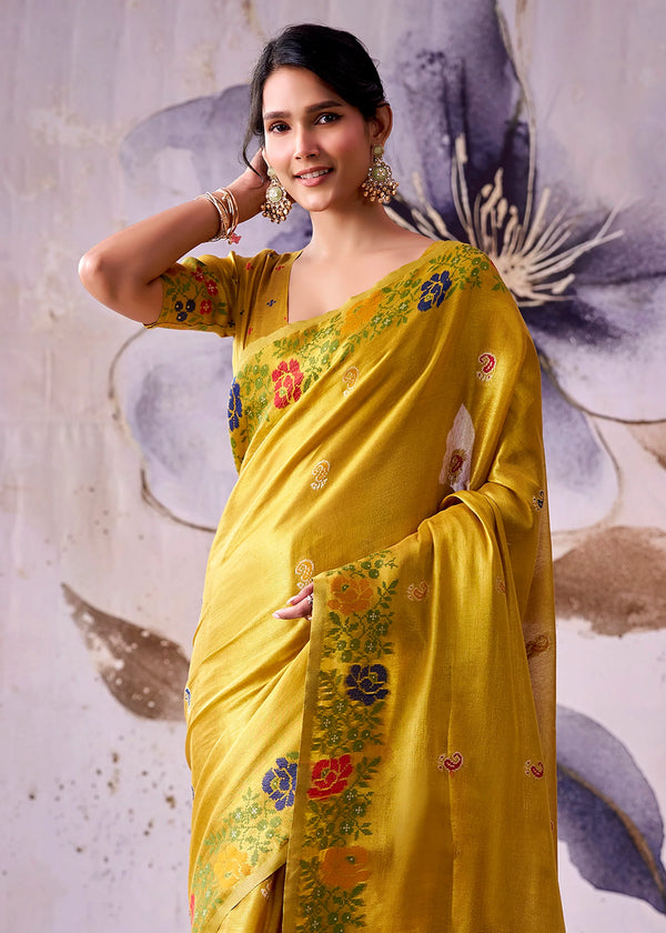 Golden Yellow Banarasi Tissue Silk Saree