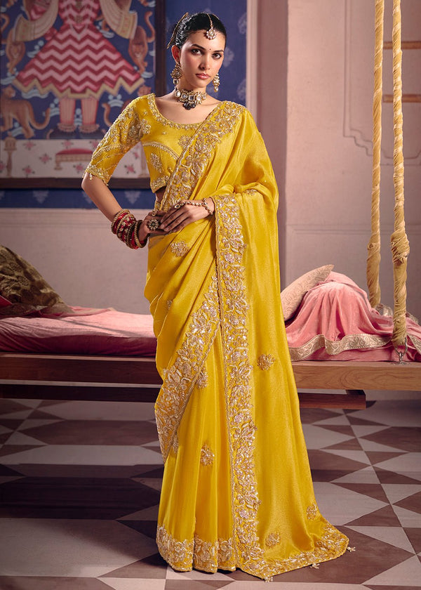 Yellow Zari Tissue Designer Embroidered Saree