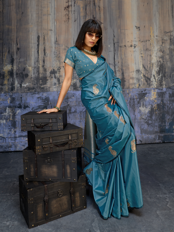 Peacock Teal Banarasi Satin Silk Saree