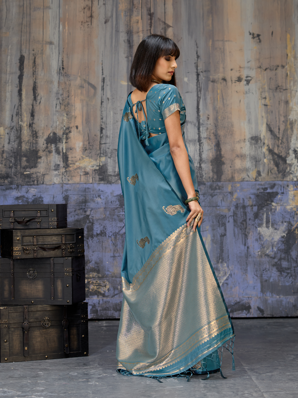 Peacock Teal Banarasi Satin Silk Saree