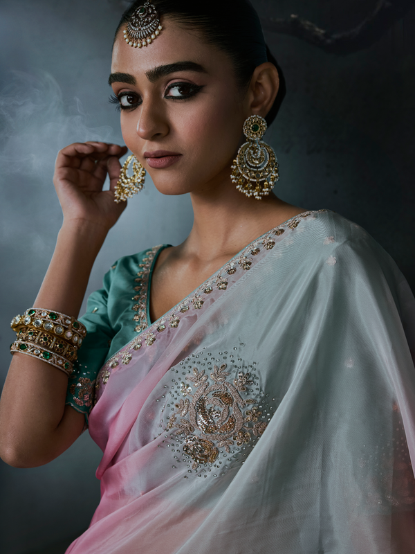 Pastel Multicolor Embroidered Designer Organza Silk Saree