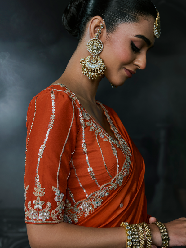 Burnt Orange Embroidered Designer Satin Silk Saree