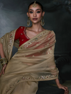 Champagne Gold Embroidered Designer Tissue Silk Saree With Contrast Blouse