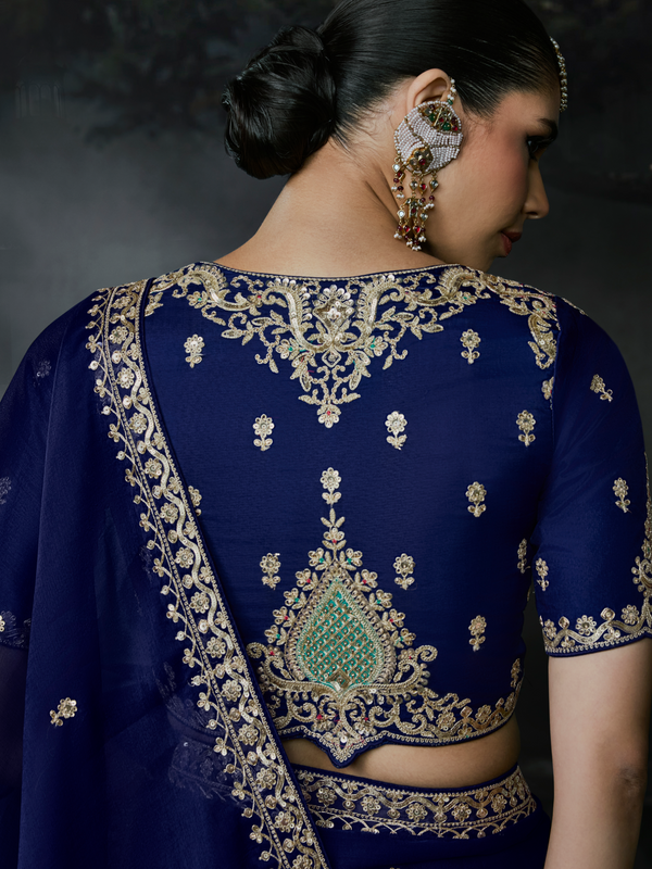 Royal Blue Embroidered Designer Satin Silk Saree