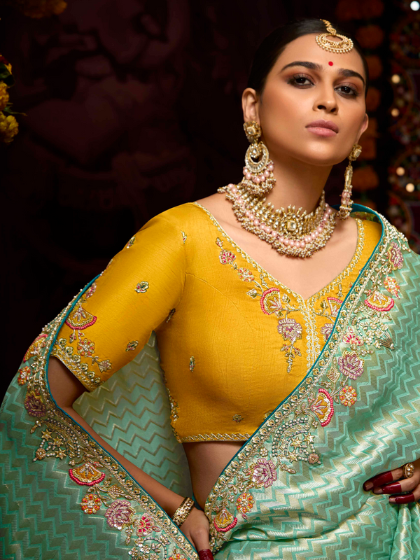 Sea Green Banarasi Designer Silk Saree With Contrast Blouse