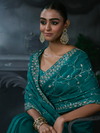 Peacock Teal Embroidered Designer Satin Silk Saree