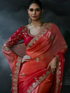 Coral Red Embroidered Designer Satin Silk Saree