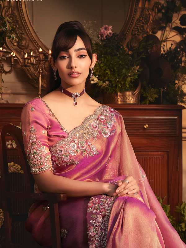 Rose Pink Tissue Organza Saree