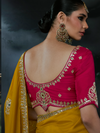 Mustard Yellow Embroidered Designer Satin Silk Saree With Contrast Blouse