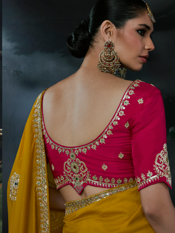 Mustard Yellow Embroidered Designer Satin Silk Saree With Contrast Blouse