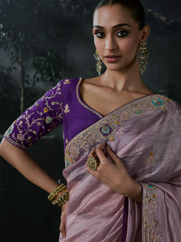 Dusty Mauve Embroidered Designer Tissue Silk Saree With Contrast Blouse