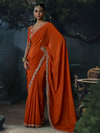 Burnt Orange Embroidered Designer Satin Silk Saree