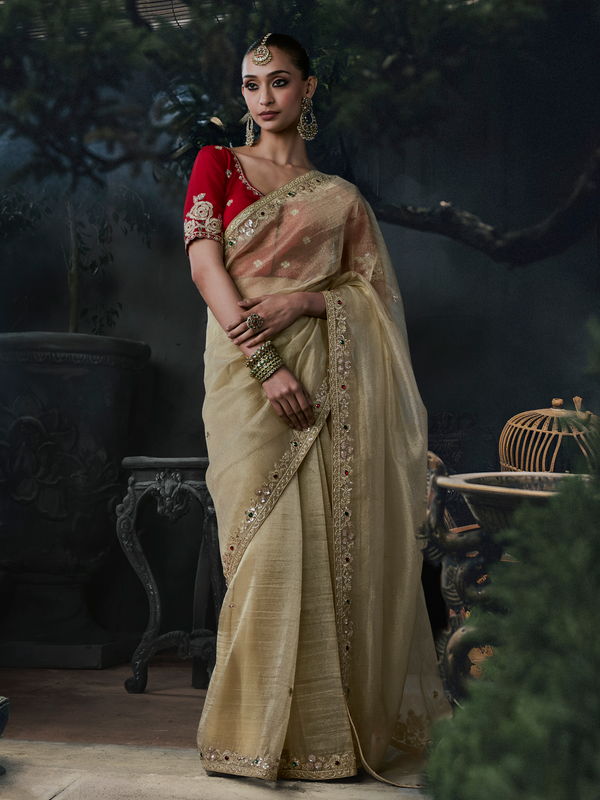 Champagne Gold Embroidered Designer Tissue Silk Saree With Contrast Blouse