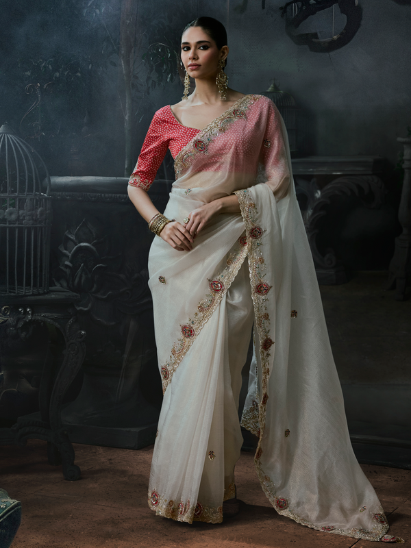 Off White Embroidered Designer Organza Silk Saree With Contrast Blouse