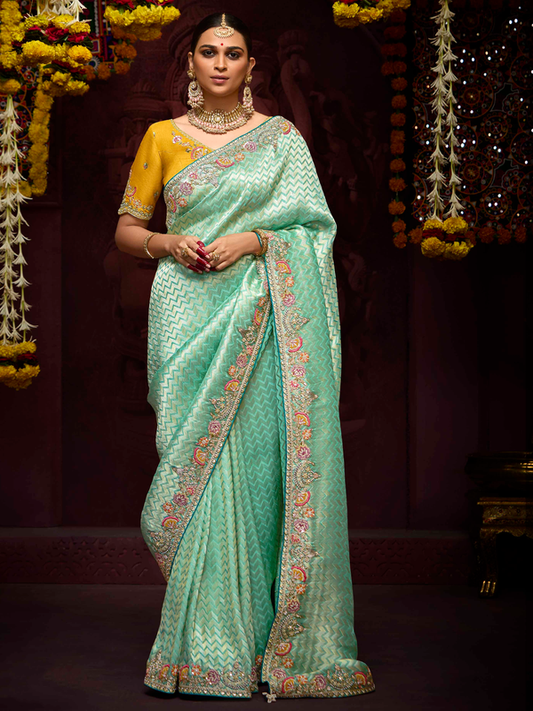 Sea Green Banarasi Designer Silk Saree With Contrast Blouse