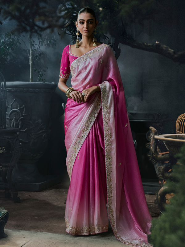 Rose Pink Embroidered Designer Tissue Silk Saree