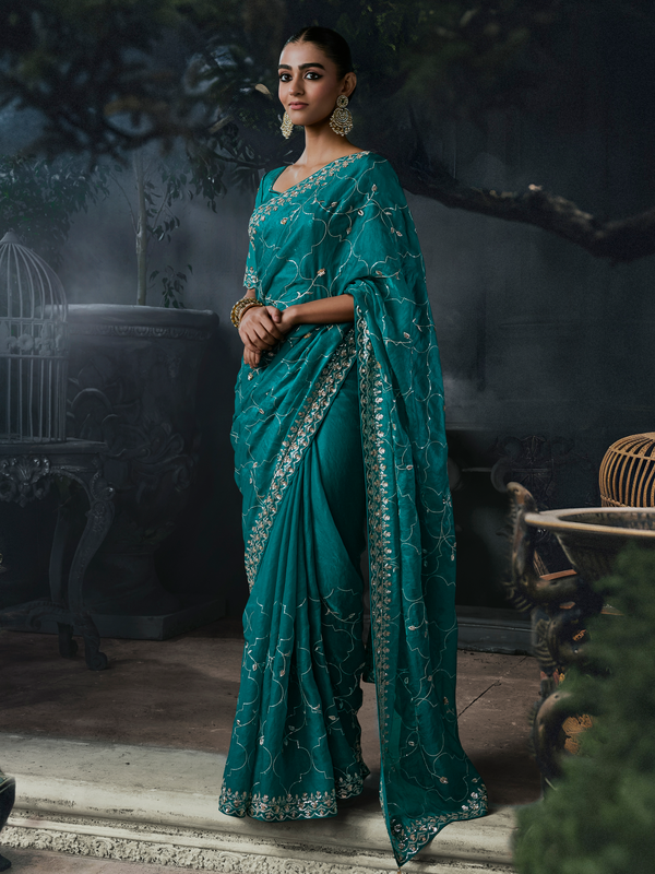 Peacock Teal Embroidered Designer Satin Silk Saree