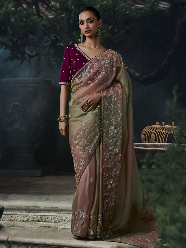 Dusty Rose Embroidered Designer Organza Silk Saree With Contrast Blouse