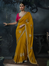 Mustard Yellow Embroidered Designer Satin Silk Saree With Contrast Blouse