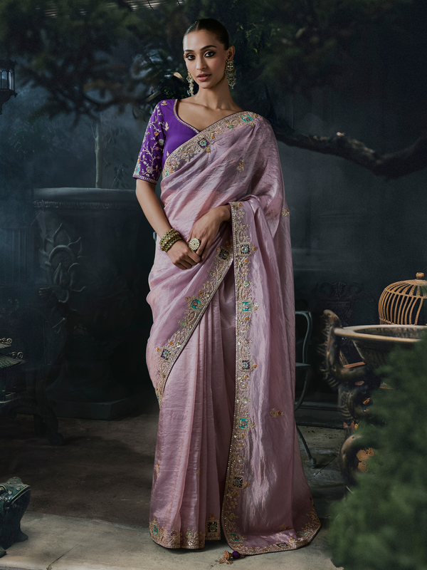 Dusty Mauve Embroidered Designer Tissue Silk Saree With Contrast Blouse