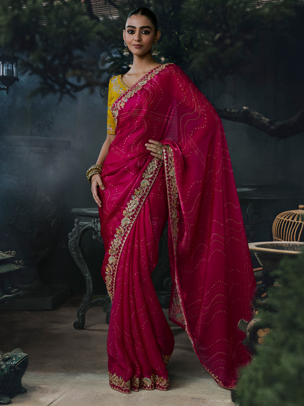 Rani Pink Bandhani Printed Designer Georgette Silk Saree With Contrast Blouse
