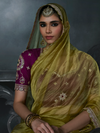 Mehendi Green Embroidered Designer Tissue Silk Saree With Contrast Blouse