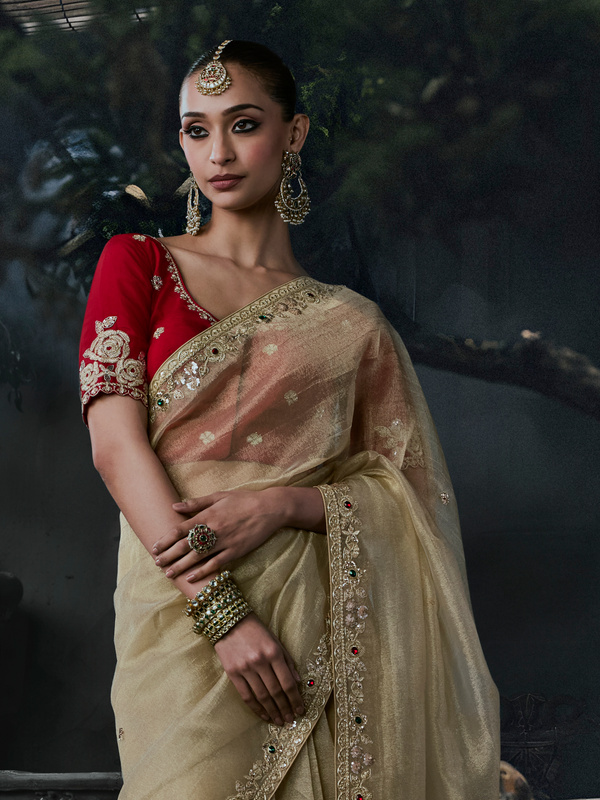 Champagne Gold Embroidered Designer Tissue Silk Saree With Contrast Blouse