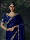 Royal Blue Embroidered Designer Satin Silk Saree